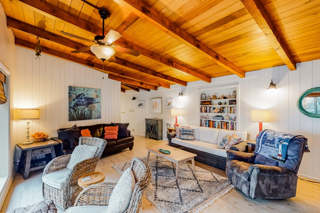 Impeccable oceanview home with private beach access & large deck