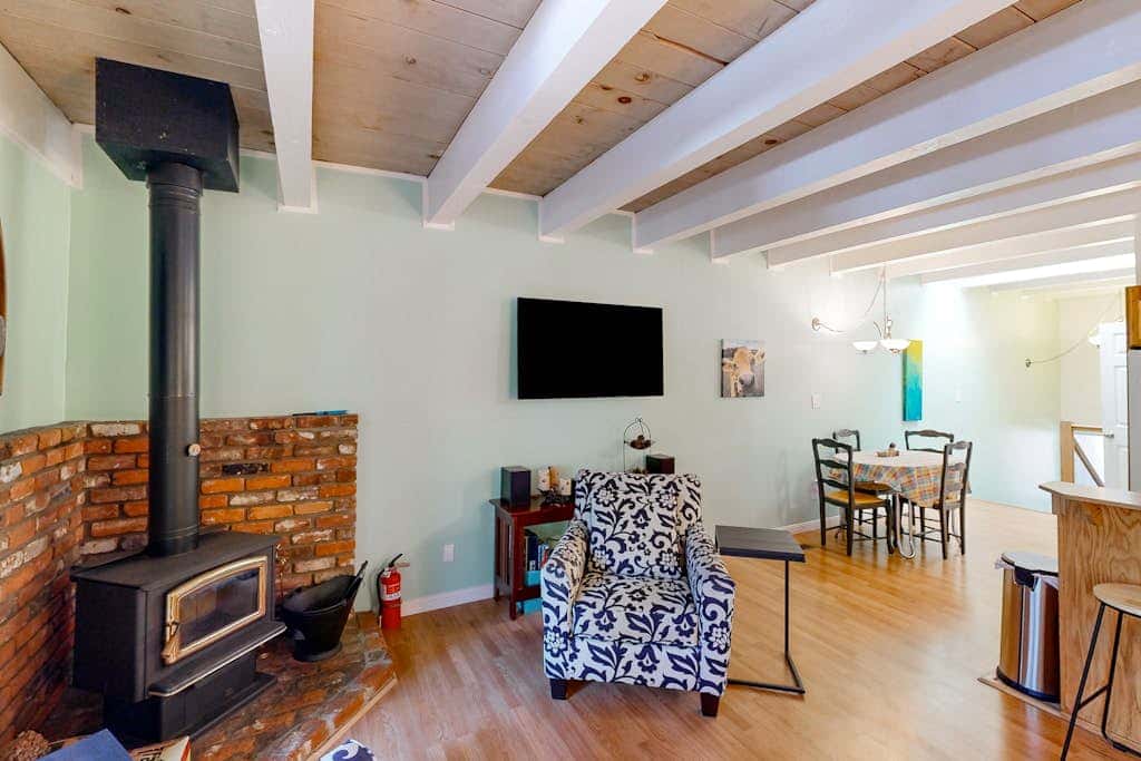 Forest-view condo with wood fireplace & walkable locale - dog-friendly
