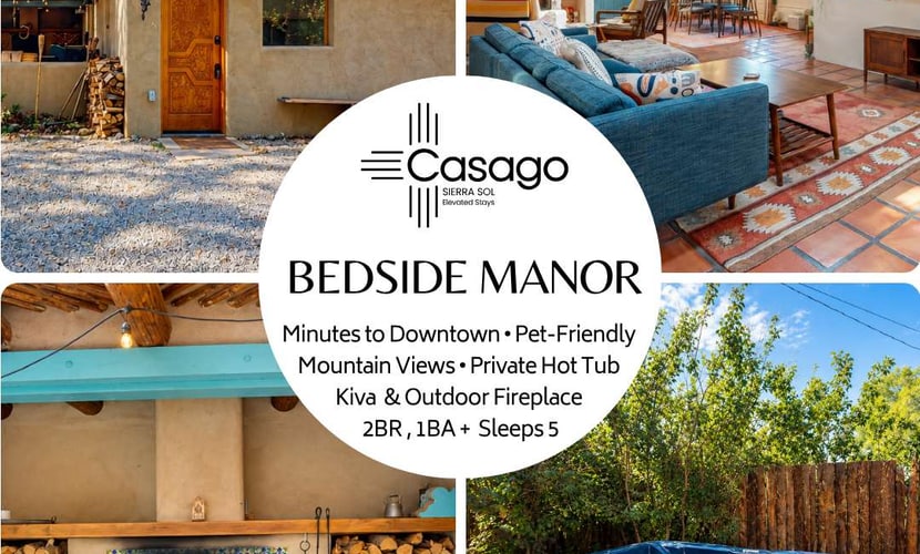 Welcome to Bedside Manor, a character-filled adobe home on a lush .76-acre lot just minutes from Downtown Taos. Soak in the private hot tub under the stars, gather around the kiva fireplace beneath soaring viga-and-skylight ceilings, and grill dinner by the covered outdoor fireplace. With two king bedrooms, a futon study, a spa-like bath, mountain views, and room for the whole family plus a dog, this single-level retreat is a peaceful Taos basecamp.