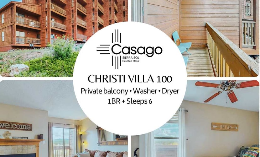 Unwind in the heart of the mountains at Christi Villa 100, a beautiful condo designed for easy living and romantic getaways. Just a half-mile from Angel Fire Resort, this inviting retreat pairs rustic wood accents with modern comforts. Start your morning with coffee on the private balcony and end your evening streaming your favorite movies by the fire. Whether you are here to hit the ski slopes, conquer the mountain bike trails, or simply recharge, this condo provides the perfect basecamp for your New Mexico adventures.