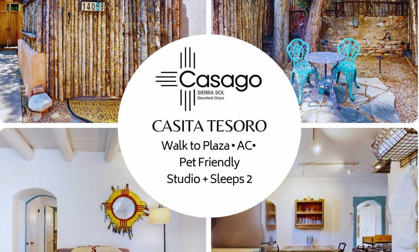 Welcome to Casita Tesoro, a charming, elegantly appointed studio hidden in the middle of everything, just blocks from downtown Santa Fe and the Plaza. Enjoy the warm glow of the gas fireplace, cook in the full kitchen, and relax in a private Southwestern-style courtyard shaded by trees. With air conditioning, fast Wi-Fi, and a dog-friendly welcome, this adobe treasure is the perfect base for exploring Santa Fe's art, food, and culture on foot.