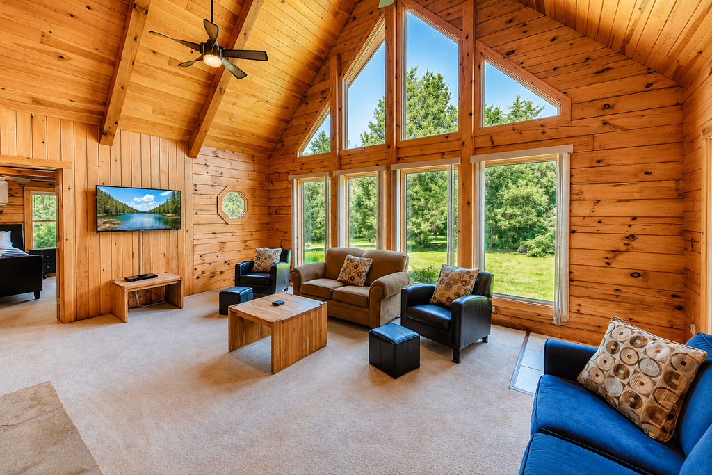 Three-story dog-friendly home with large deck, wood swing, firepit, lawn, & more