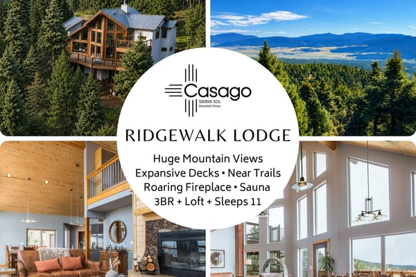 Wake up above Angel Fire with sweeping views of the Sangre de Cristo mountains, Moreno Valley, and Eagle Nest Lake. RidgeWalk Lodge is made for mountain gatherings, with expansive decks, soaring windows, a cozy fireplace, private sauna, and room for up to 11 guests. Spend your days skiing, biking, hiking nearby trails, watching for wildlife, or simply relaxing on the ridge with coffee, sunset views, and a sky full of stars.