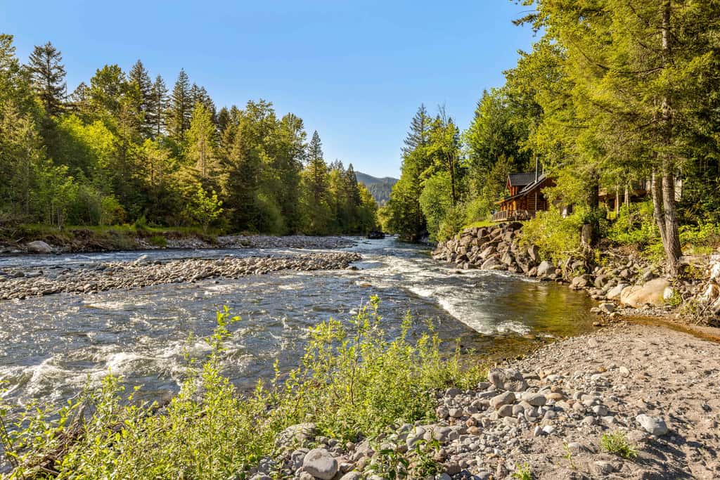 Riverfront retreat with panoramic river and forest views