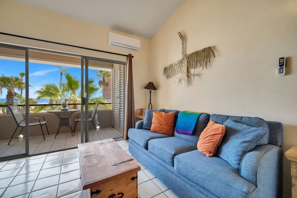Viva 28, from the front door of the condo, a fully equipped kitchen, a brightly colored sofa (full-size bed) with a television connected with ROKU technology and a table, designed for four, stands firm against one wall. A full bathroom makes its appearance just before entering the bedroom with a queen-size bed a closet and ornate furniture that takes up little space. On a balcony, a patio set for two. A crystal-clear pool and a new Pickle ball court are the sensation of Viva.