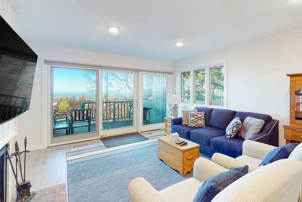 Beachfront condo in Glen Arbor with deck, fireplace, Lake Michigan views & W/D