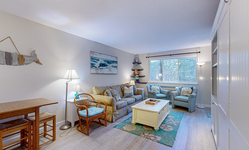 Cozy condo with golf course view, balcony, W/D, AC, & games