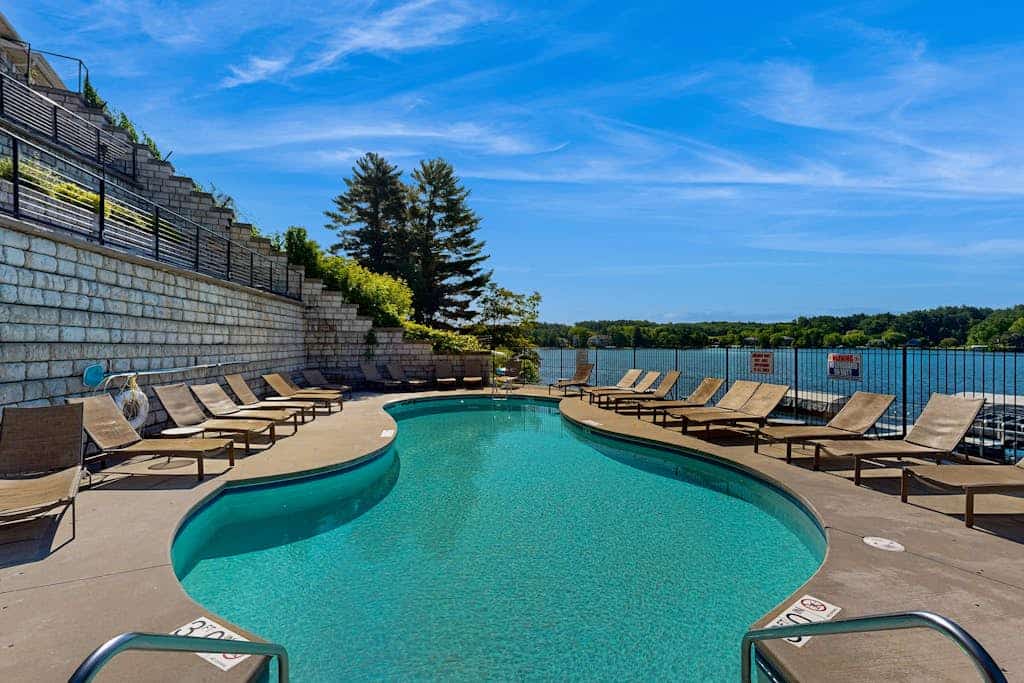 Coastal lakefront basecamp at Delton Grand with resort pools & beaches