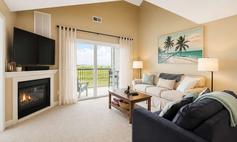 Bethany Bay condo with bay views, athletic courts, pool, fireplace, & balcony