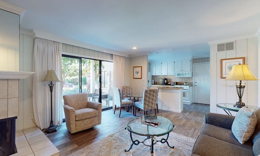 Sip morning coffee on the patio as the dawn round tees off across the golf course view, just off Silverado Trail and ten minutes from downtown Napa's tasting rooms. This 1BR condo for two pairs a king bedroom with a gas fireplace, full kitchen, and two private patios. Steps from the seasonal community pool, with Silverado Market & Bakery a short walk away.