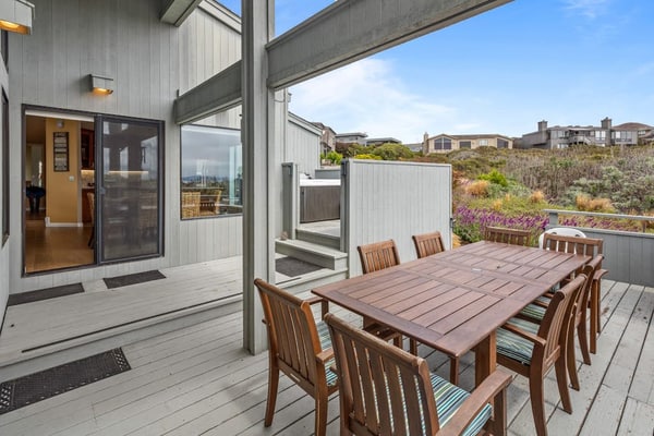 Feel the salt breeze from your private hot tub as the sun sets over the Pacific. This three-story contemporary retreat in Bodega Harbour sleeps 6 in three king suites, each with its own smart TV and luxe bedding. The expansive deck hosts dinner for 10 under the stars. Just 1.4 miles from Doran Beach and 2.3 miles from the headland's whale watching trails. Pour a glass of local wine, sink into the bubbling water, and let the ocean rhythms reset your pace.