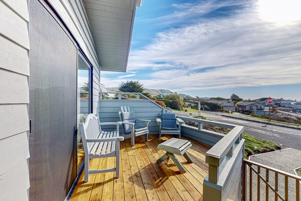 Watch gray whales breach from your living room as Pacific storms roll across the horizon. This hilltop retreat puts you above it all with sweeping ocean views from nearly every room. Three bedrooms sleep six comfortably. Just steps from the Pinnacle Gulch Trail leading to tide pools below. Fresh crab sandwiches at Spud Point are 2.5 miles away, Fishetarian Fish Market just 1.8 miles. The Sonoma Coast unfolds before you — where watching the sunset becomes the evening's main event.
