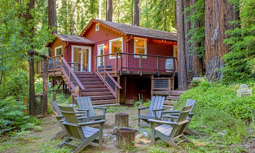 Step out the cabin door as redwoods tower over the wire-mesh deck of this Cazadero retreat. A blonde-wood accent wall anchors the open living room, the light-wood kitchen meets a white subway-tile backsplash, and a path from the back door leads down to Austin Creek. Walk 1.9 miles to Point of ridge, or 1.8 miles to the Cazadero General Store.
