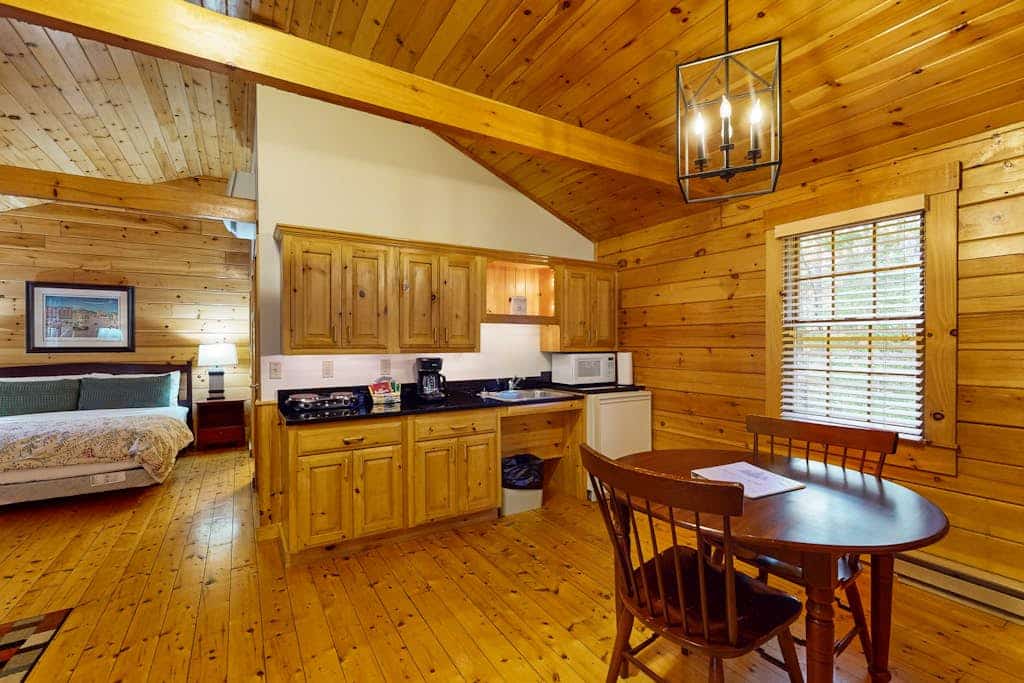 Adventure ready studio cabin with wooded views, fireplace, & AC