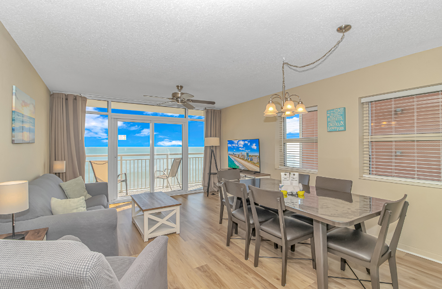 The search for your next vacation stops here! Check out this 7th floor, direct ocean front, updated, 2 bedroom apartment at The Atlantica Resort in Myrtle Beach. This 2 bedroom, 2 bath condo is fully furnished with 1 queen size bed, 1 full size bed, 1 king bed, and 1 queen sleeper sofa. The layout of this rental will comfortably accommodate 8 guests.