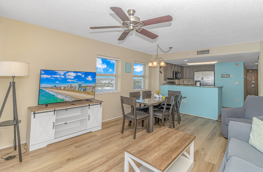 The search for your next vacation stops here! Check out this 7th floor, direct ocean front, updated, 2 bedroom apartment at The Atlantica Resort in Myrtle Beach. This 2 bedroom, 2 bath condo is fully furnished with 1 queen size bed, 1 full size bed, 1 king bed, and 1 queen sleeper sofa. The layout of this rental will comfortably accommodate 8 guests.