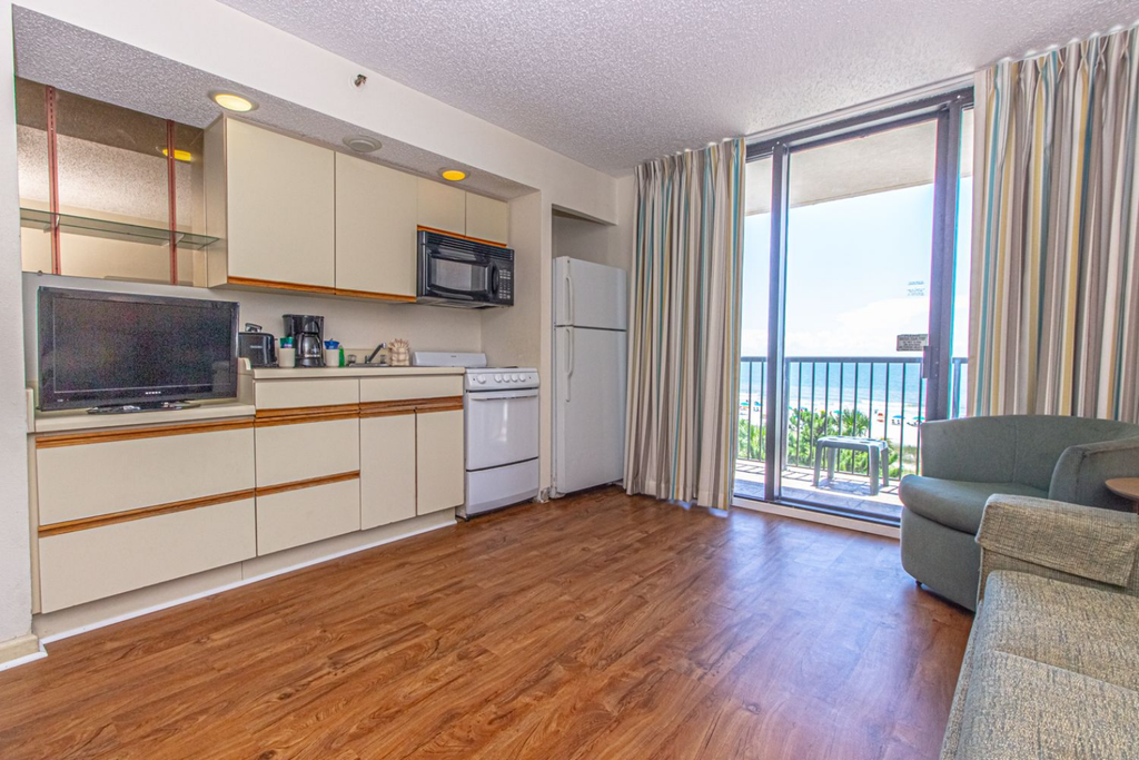 The search for your next vacation stops here! Check out this 4th floor, direct oceanfront, 1-bedroom apartment located at Beach Colony Resort in Myrtle Beach, SC. The condo is fully furnished and the layout will accommodate 6 guests.