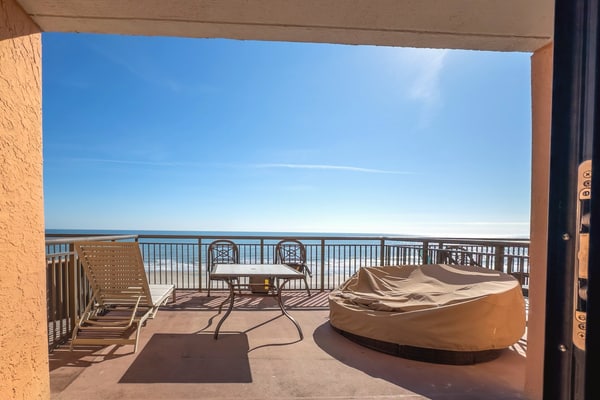 Welcome to 513 Caravelle Resort in Myrtle Beach, SC. This oceanfront studio is home to one of the largest private balconies in Myrtle Beach, and we truly mean it. Located on the 5th floor, this studio features an incredible 300 square foot balcony that offers endless, panoramic views of the Atlantic Ocean. To put it into perspective, the balcony is nearly as large as the condo itself. Having your own private terrace with comfortable outdoor furniture makes this beachside escape truly special and provides the perfect setting to relax, dine, or enjoy the ocean breeze.