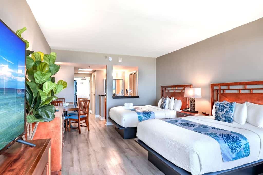 Check out this one of a kind oceanfront studio located on the third floor of the Dunes Village Resort. This beautifully updated retreat features two plush queen sized beds and comfortably accommodates up to four guests, making it the perfect spot for a relaxing beach getaway. As of Spring 2026, the condo has been thoughtfully renovated with fresh upgrades throughout, creating a bright, modern space we are so excited to share with you.