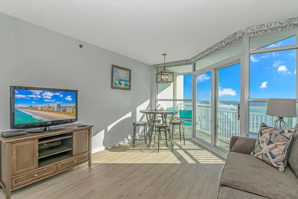 The search for your next vacation stops here! Check out this completely renovated 1-bedroom vacation rental at the Carolinian Resort in Myrtle Beach, SC! This ocean view 1 bedroom, 1 bath apartment is fully furnished with 1 king bed, a queen size sleeper, and will accommodate 2-4 guests. Our guests enjoy having their own private balcony where they can relax and enjoy the views of the ocean.