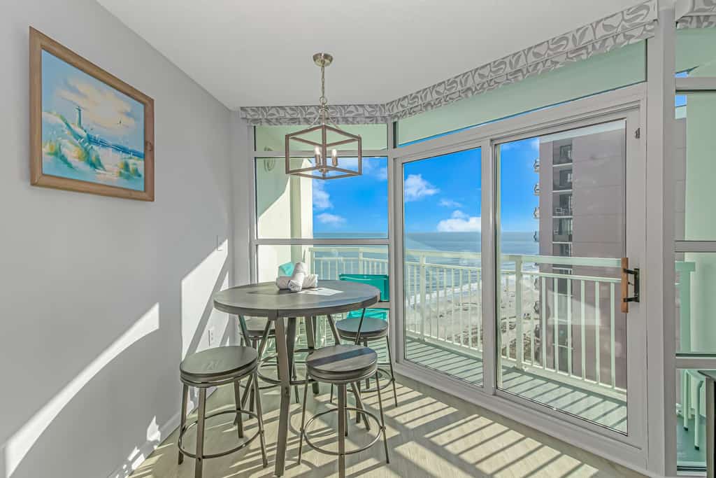 The search for your next vacation stops here! Check out this completely renovated 1-bedroom vacation rental at the Carolinian Resort in Myrtle Beach, SC! This ocean view 1 bedroom, 1 bath apartment is fully furnished with 1 king bed, a queen size sleeper, and will accommodate 2-4 guests. Our guests enjoy having their own private balcony where they can relax and enjoy the views of the ocean.