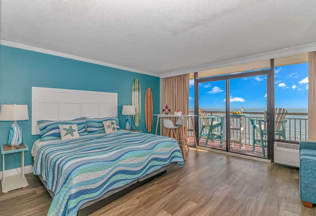 This is an absolutely incredible, completely renovated luxury romance suite located at the Caravelle Resort in Myrtle Beach, SC. The search for your next vacation stops here! Check out this 14th-floor, direct oceanfront studio apartment. The condo is fully furnished, and the layout accommodates 2-3 guests.
