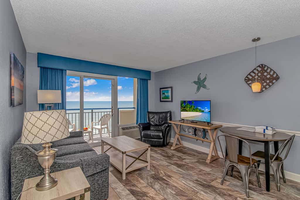 Check out this direct oceanfront vacation rental at Boardwalk Resort in Myrtle Beach, SC. This oceanfront vacation rental is fully furnished with everything you need for your next vacation. This 1 bedroom, 2 bath apartment features 1 king bed, 1 queen size sleeper sofa, 1 full size murphy bed, and will comfortably accommodate 6 guests.