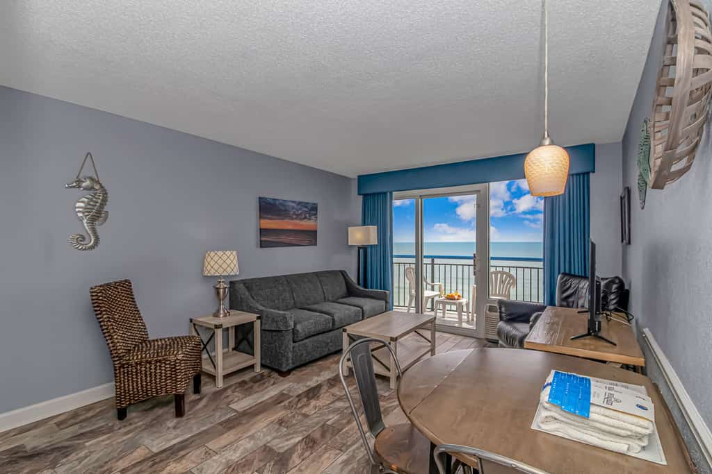 Check out this direct oceanfront vacation rental at Boardwalk Resort in Myrtle Beach, SC. This oceanfront vacation rental is fully furnished with everything you need for your next vacation. This 1 bedroom, 2 bath apartment features 1 king bed, 1 queen size sleeper sofa, 1 full size murphy bed, and will comfortably accommodate 6 guests.