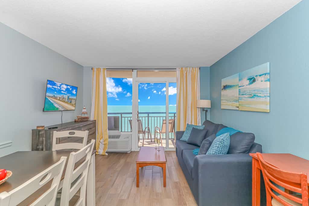 Are you looking for a recently updated vacation rental with stunning oceanfront views? The search ends here! Check out this beautiful 11th floor, oceanfront vacation rental at the Boardwalk Resort in Myrtle Beach, SC. This condo is fully furnished with everything you need for your next vacation! It features 2 full size beds, 1 sleeper sofa, 1 murphy bed (wall bed), and will comfortably accommodate 8 guests.