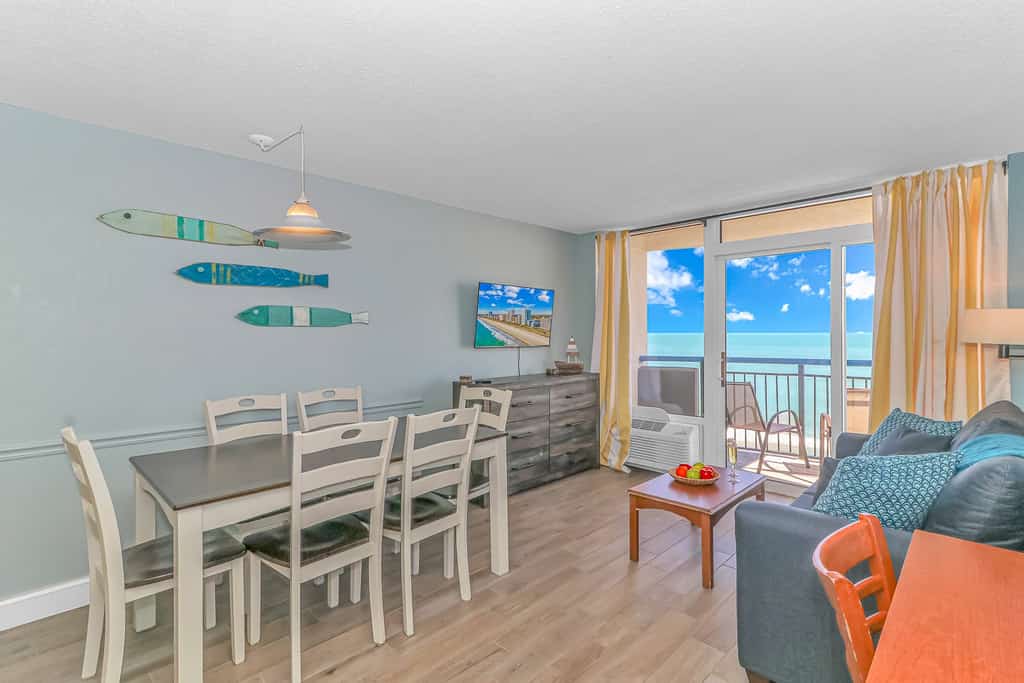 Are you looking for a recently updated vacation rental with stunning oceanfront views? The search ends here! Check out this beautiful 11th floor, oceanfront vacation rental at the Boardwalk Resort in Myrtle Beach, SC. This condo is fully furnished with everything you need for your next vacation! It features 2 full size beds, 1 sleeper sofa, 1 murphy bed (wall bed), and will comfortably accommodate 8 guests.