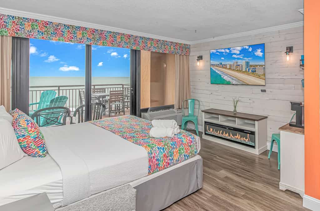 Welcome to your oceanfront sanctuary at the Caravelle Resort, a stunning coastal escape designed for couples and small groups who crave comfort, relaxation, and those picture-perfect Myrtle Beach views. From the moment you arrive, you&rsquo;ll be swept away by the soothing sound of the waves and the salty breeze drifting in from your private balcony, offering over 160 square feet of open-air bliss. Whether you&rsquo;re sipping your morning coffee as the sun rises over the Atlantic or unwinding with a cocktail beneath the stars, this balcony offers a front-row seat to the best show in town: the ocean itself.