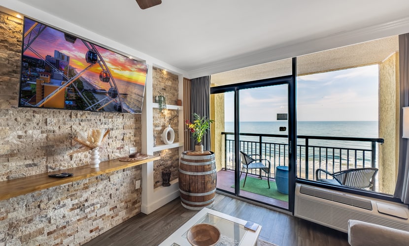 Check out this truly unique and beautifully renovated oceanfront one-bedroom condo at Caravelle Resort. This coastal escape is thoughtfully designed with comfort in mind, featuring two queen beds in the bedroom, along with a sleeper sofa and a Murphy bed in the living area, comfortably accommodating up to eight guests.