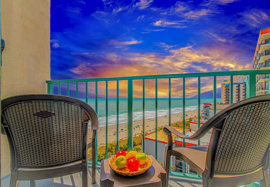 Check out this adorable one bedroom oceanview condo perched on the 10th floor of the Sand Dunes Resort. This peaceful beach getaway features one queen bed and one full bed, comfortably accommodating up to four guests and providing the perfect place to relax after a day by the ocean.