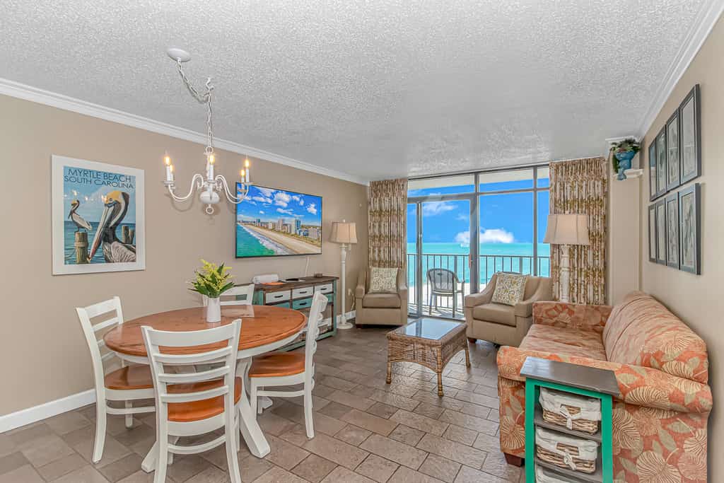 Welcome to Sand Dunes 1043 and 1044, a stylish and flexible beach getaway in Myrtle Beach that combines two individual condos into one convenient space. These units can be accessed separately with their own entry codes or connected internally, making them perfect for larger families or groups of friends who want to stay close while still enjoying a bit of privacy. Each condo features one queen bed and one full bed, allowing up to eight guests to comfortably spread out across both units.