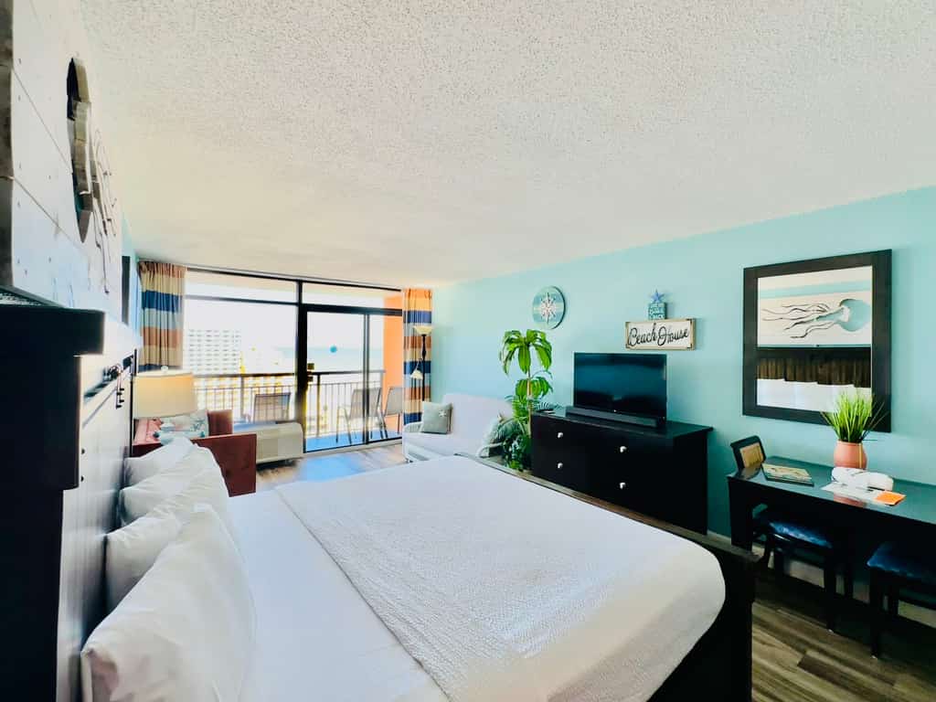 Welcome to your ultimate Myrtle Beach getaway! Located on the 14th floor of the famous Landmark Resort, this completely renovated, oversized studio apartment offers more space than standard resort rentals. Featuring an open-concept layout, this unique suite comfortably accommodates up to 4 guests and includes two complimentary parking passes, a rare perk for the area!
