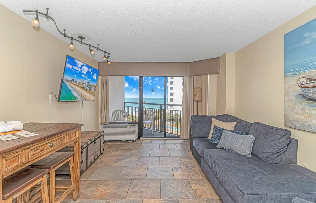 The search for your next vacation stops here! Check out this 5th floor, ocean view condo at the Landmark Resort in Myrtle Beach. This Oceanview 1 bedroom is fully furnished with 1 king bed, 1 full size murphy bed, and will comfortably accommodate 4 guests. This unique layout offers oversized living space for our guests. Other rentals at the resort are much smaller, but this layout features an open floor plan and doesn't feel cramped! Our guests enjoy having their own private balcony where they can relax and enjoy both the views of the ocean as well as the pools.