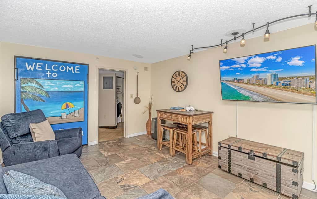 The search for your next vacation stops here! Check out this 5th floor, ocean view condo at the Landmark Resort in Myrtle Beach. This Oceanview 1 bedroom is fully furnished with 1 king bed, 1 full size murphy bed, and will comfortably accommodate 4 guests. This unique layout offers oversized living space for our guests. Other rentals at the resort are much smaller, but this layout features an open floor plan and doesn't feel cramped! Our guests enjoy having their own private balcony where they can relax and enjoy both the views of the ocean as well as the pools.