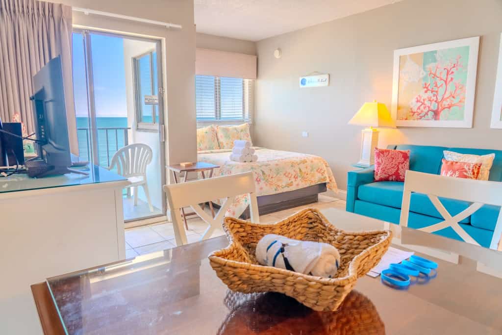 The search for your next vacation stops here! Check out this 12th floor oceanfront studio apartment at The Palace Resort in Myrtle Beach. This oceanfront condo is fully furnished with 1 queen size bed, 1 queen-size sleeper sofa, and will comfortably accommodate 2-4 guests. This unique layout offers ample living space for our guests. Other rentals at the resort are much smaller, but this layout features an open floor plan and doesn't feel cramped.