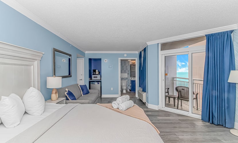 Check out this recently remodeled studio on the 5th floor of the Paradise Resort. This inviting ocean view getaway comfortably sleeps up to four guests and features one king bed and a sleeper sofa, creating a stylish and comfortable space for your Myrtle Beach vacation.