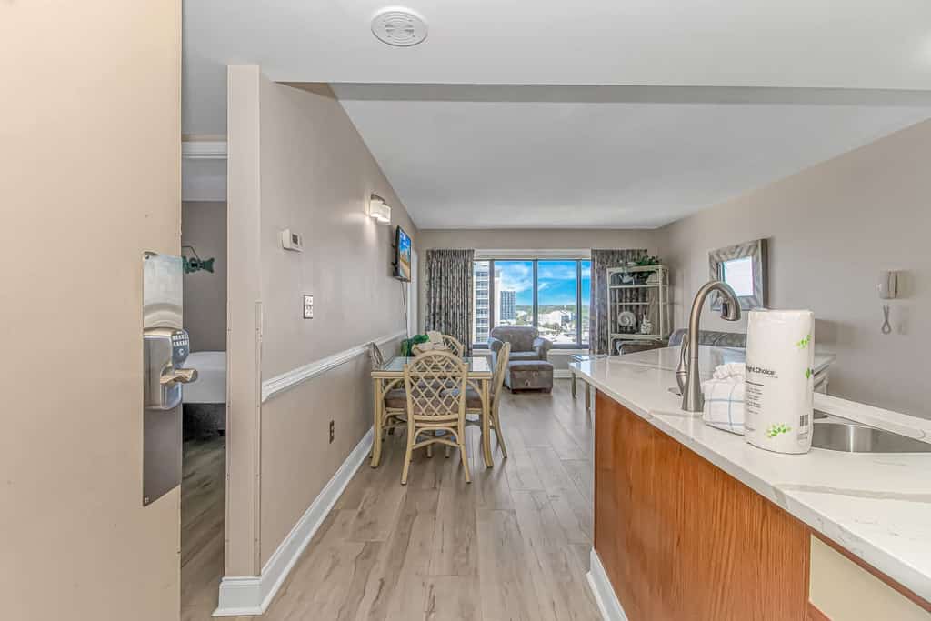 Check out this one of a kind one bedroom suite located on the 8th floor of the The Palace Resort. With beautiful ocean views, a queen sized bed, and a queen sleeper sofa, this inviting retreat comfortably accommodates up to 4 guests while offering the perfect mix of comfort and coastal charm in Myrtle Beach.