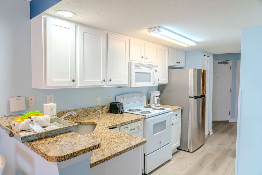 Wow, what a view! This direct oceanfront 1 bedroom apartment sits high on the 14th floor of the Paradise Resort in Myrtle Beach, SC, offering truly unbeatable views of the coastline. Newly updated and thoughtfully refreshed, this beautiful condo features 2 queen sized beds, a sleeper sofa, and a Murphy bed, allowing it to comfortably welcome up to 8 guests!