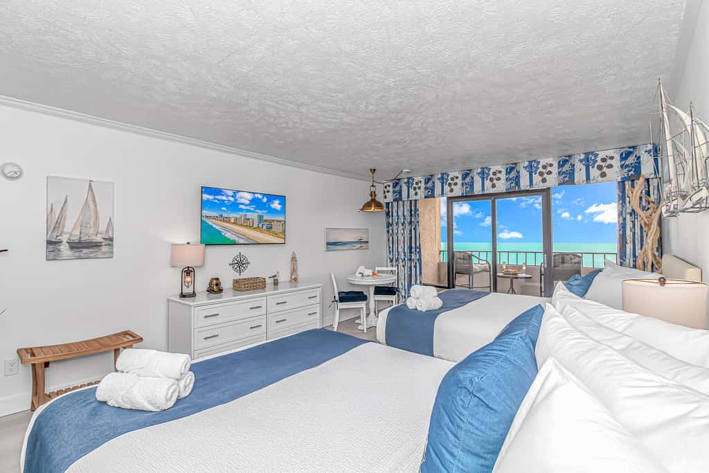 The search for your next vacation stops here! Check out this 8th floor, direct ocean front condo at the Ocean Reef Resort in Myrtle Beach. This studio is fully furnished with 2 queen sized beds and will comfortably accommodate 4 guests.