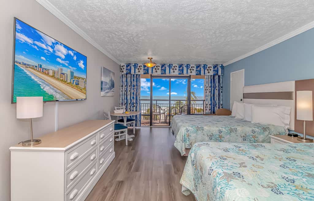 The search for your next vacation stops here! Check out this 3rd floor, direct ocean front condo at the Ocean Reef Resort in Myrtle Beach. This studio is fully furnished with 2 queen size beds and will comfortably accommodate 4 guests. Guests will have access to a full bathroom, and a private balcony with direct ocean front views are also included. This unique layout offers oversized living space for our guests. Other rentals at the resort are much smaller, but this layout features an open floor plan and doesn't feel cramped!