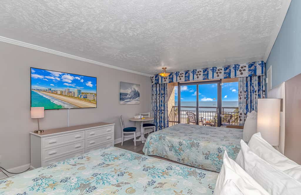 The search for your next vacation stops here! Check out this 3rd floor, direct ocean front condo at the Ocean Reef Resort in Myrtle Beach. This studio is fully furnished with 2 queen size beds and will comfortably accommodate 4 guests. Guests will have access to a full bathroom, and a private balcony with direct ocean front views are also included. This unique layout offers oversized living space for our guests. Other rentals at the resort are much smaller, but this layout features an open floor plan and doesn't feel cramped!
