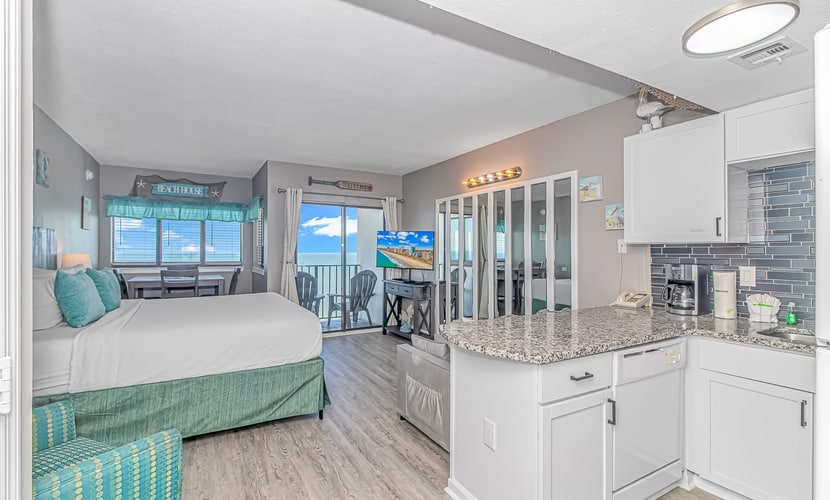 The search for your next vacation stops here! Check out this 21st floor, beautifully updated, studio apartment at The Palace Resort in Myrtle Beach. This oceanfront condo is fully furnished with 1 new king size bed, and 1 queen-size sleeper sofa. The layout of this rental will comfortably accommodate 4 guests.