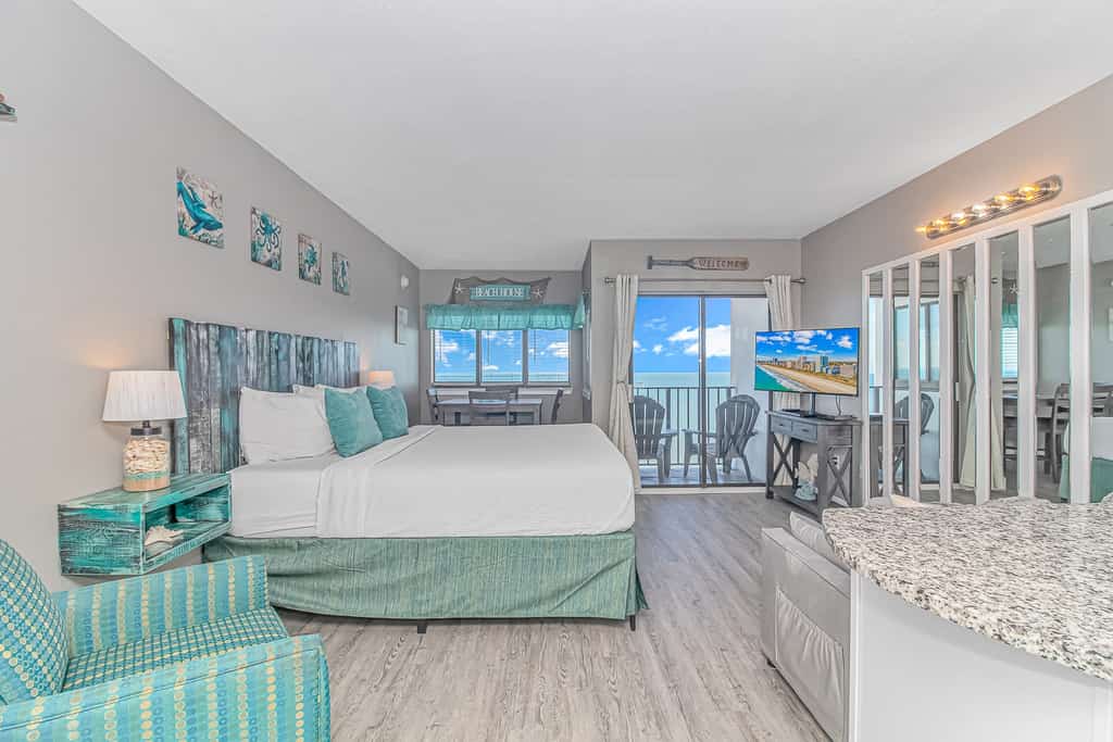 The search for your next vacation stops here! Check out this 21st floor, beautifully updated, studio apartment at The Palace Resort in Myrtle Beach. This oceanfront condo is fully furnished with 1 new king size bed, and 1 queen-size sleeper sofa. The layout of this rental will comfortably accommodate 4 guests.