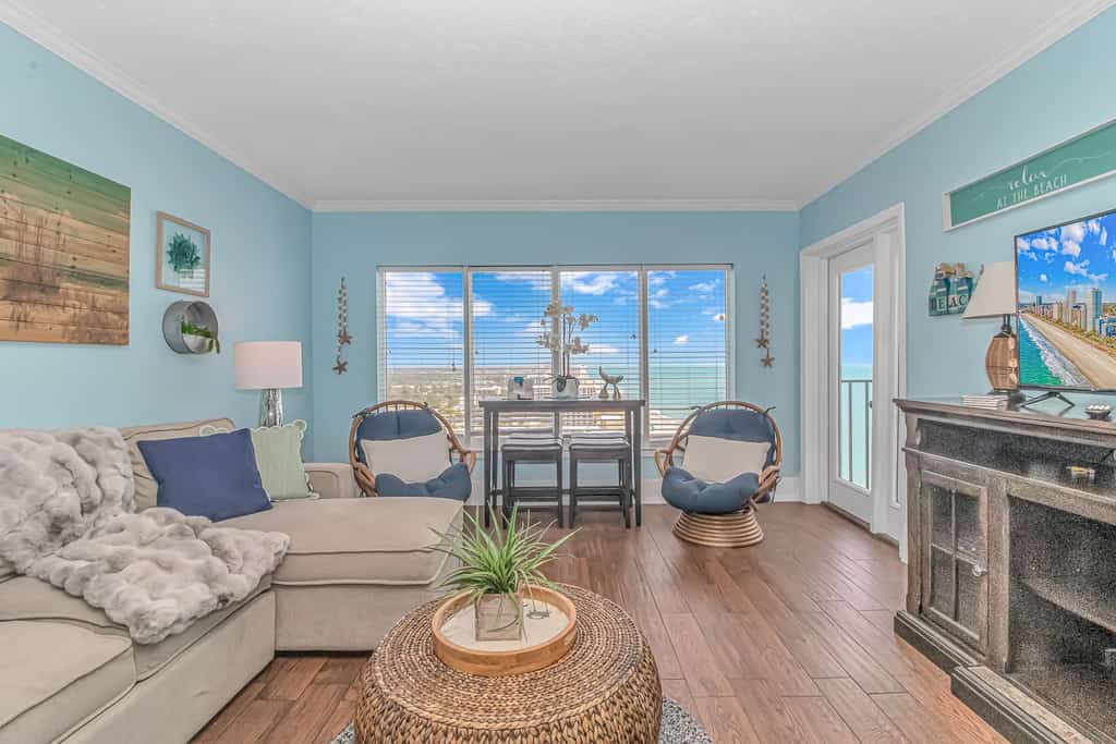 What a view! This 1 bedroom condo located at the Palace Resort is a great beach getaway for 2-4 guests. This unit offers a spacious living area with breathtaking views of the ocean! Beautifully updated, this apartment offers new tile flooring, fresh paint, new window treatments, new molding, new furniture and decor, and so much more!