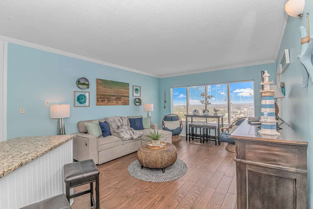 What a view! This 1 bedroom condo located at the Palace Resort is a great beach getaway for 2-4 guests. This unit offers a spacious living area with breathtaking views of the ocean! Beautifully updated, this apartment offers new tile flooring, fresh paint, new window treatments, new molding, new furniture and decor, and so much more!