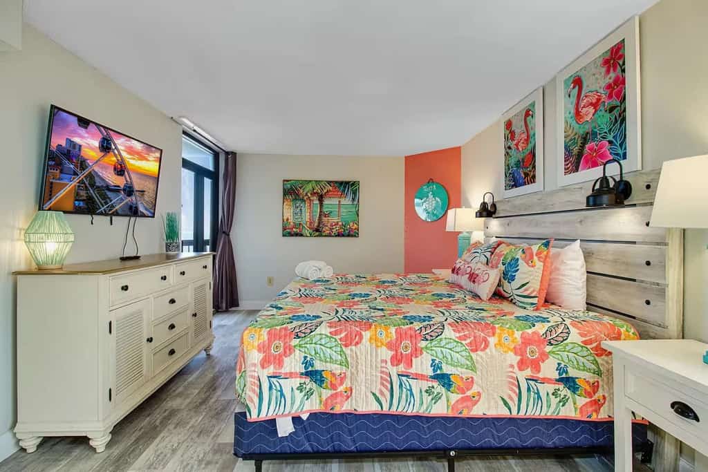 Welcome to Pinnacle 1471, a bright and inviting retreat perched on the 14th floor of the Pinnacle Oceanfront Tower. This updated condo offers comfortable sleeping arrangements for up to six guests, including a king bed, a queen Murphy bed, and a queen sleeper sofa. From the moment you step inside, the colorful d&eacute;cor and sweeping oceanfront views set the tone for a relaxing and memorable Myrtle Beach getaway.