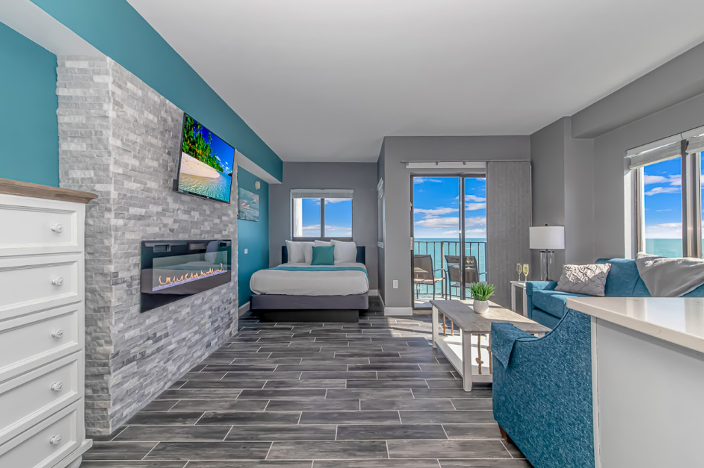This is an absolutely incredible, completely renovated, luxury romance suite located at the Palace Resort in Myrtle Beach, SC. The search for your next vacation stops here! Check out this 6th floor, angled oceanfront, studio apartment. The condo is fully furnished and the layout will accommodate 2 guests.